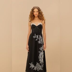 Farm Rio Black Richelieu Lace Euroflax™ Premium Linen Midi Dress